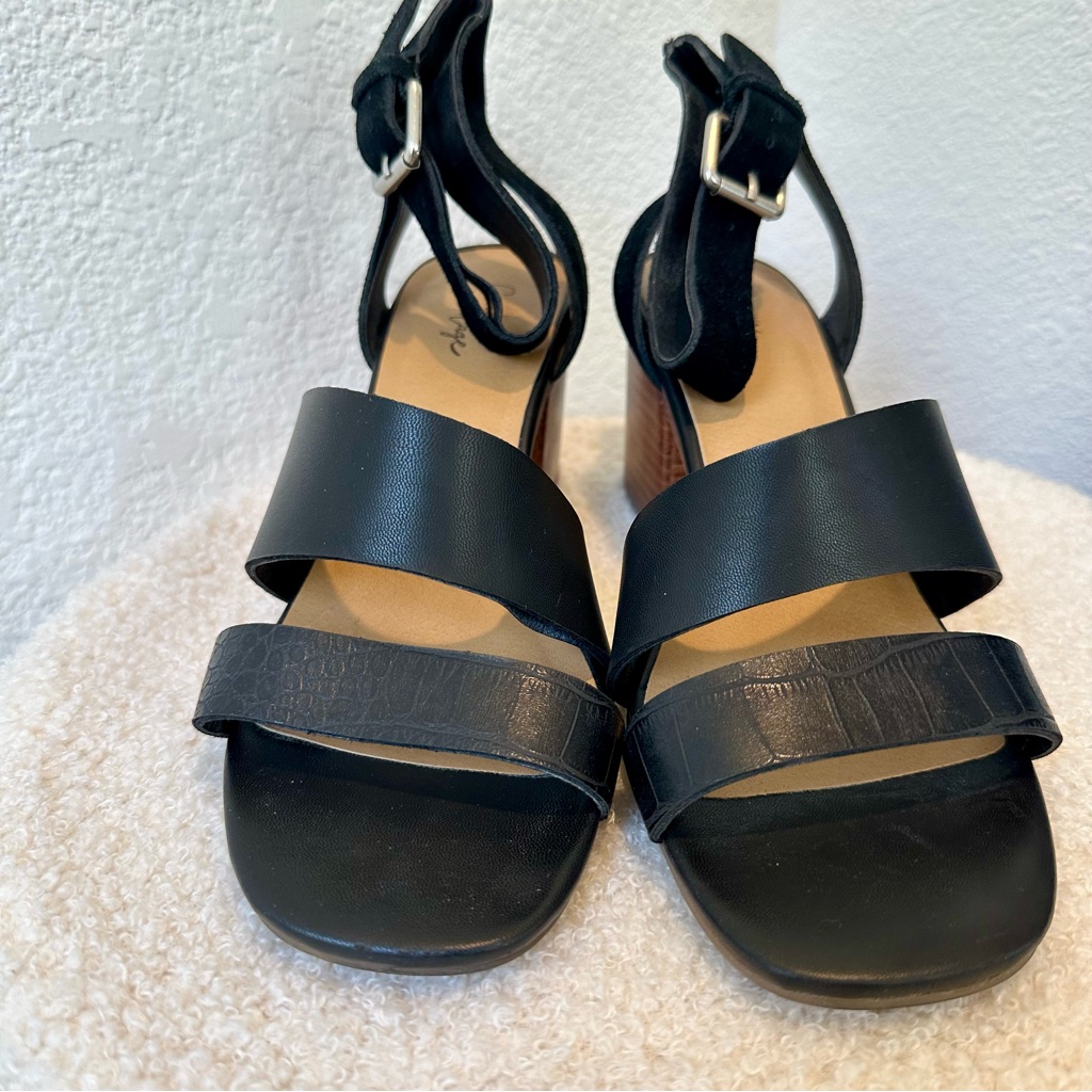 Crown Vintage Block Heel Black Leather Sandal, Women’s 7.5